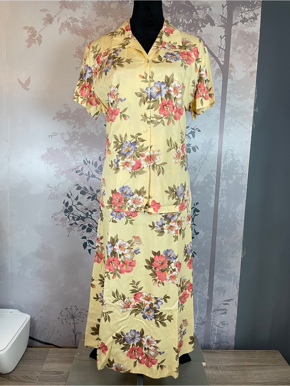 Josephine Chaus 2pc Floral Maxi Dress Shirt Set Yellow M Petite 90s Vintage - Picture 2 of 11
